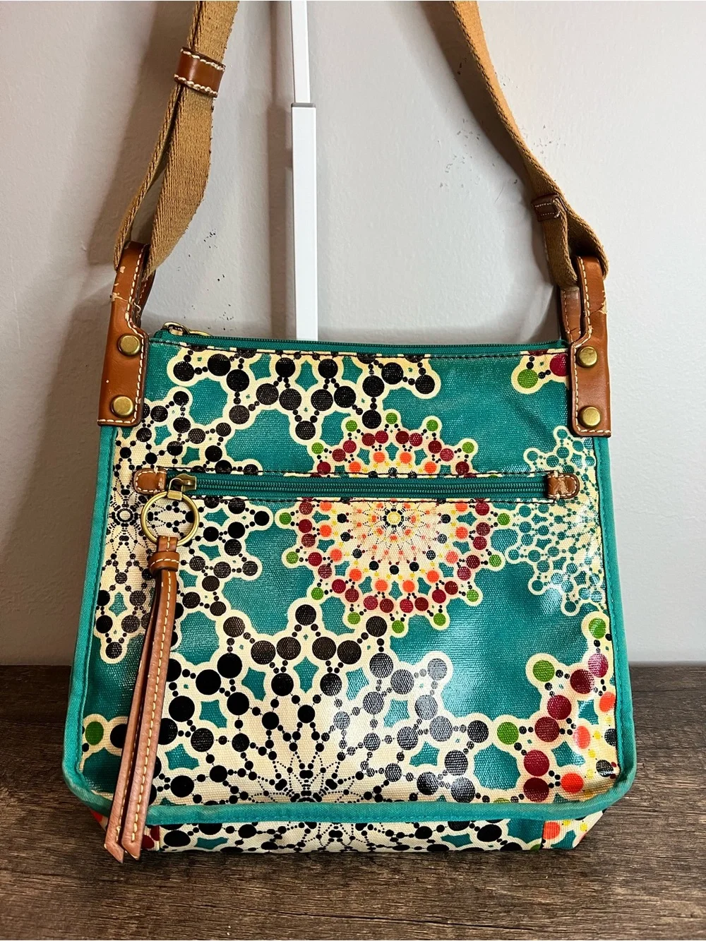 Fossil Teal Multicolor Floral Pattern Crossbody Bag coated canvas